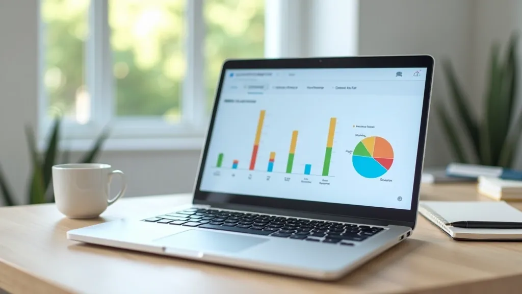 Laptop displaying analytics dashboard with colorful charts and social media metrics on screen