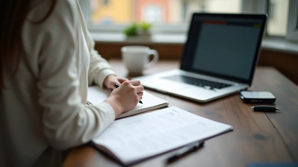 Person writing content ideas in notebook at desk with coffee