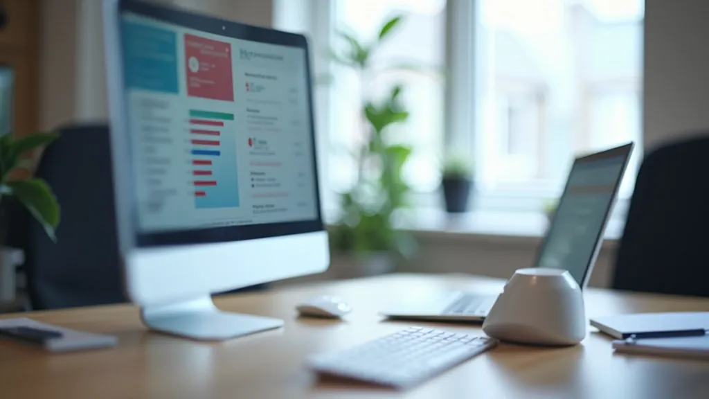 Professional workspace with tablet and marketing materials on desk